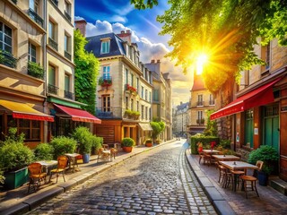 Naklejka premium Sunny Parisian Street Scene: Charming Buildings & Cobblestone Road