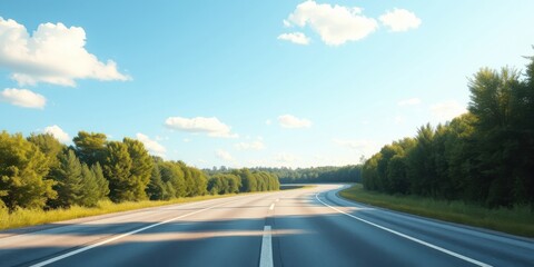 Naklejka premium A scenic summer highway curves gently through a lush green forest under a bright, sunny sky