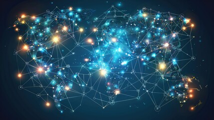 Global communications network concept with interconnected business nodes and human resource collaboration.