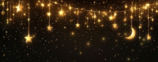 Set of golden, glowing light strings with stars and moons on a transparent background, vector illustration. Christmas lights decoration concept, isolated. Stock photo with 2/3 space for text. 