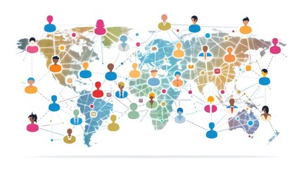 Global communications network concept with interconnected business nodes and human resource collaboration.