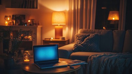 A cozy living room at night, with soft lighting from lamps and candles illuminating the scene