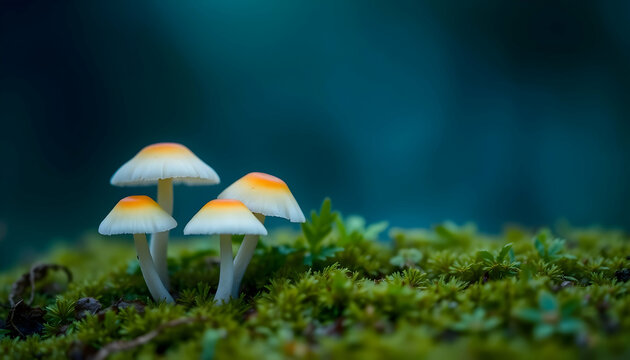 Glowing mushrooms, bioluminescent fungi, dark forest floor, moss-covered ground, ethereal light, mystical atmosphere, vibrant yellow caps, slender stems, blue-green background, macro photography, fant