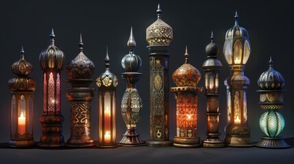 Obraz premium Group of glowing Arabic candle lanterns