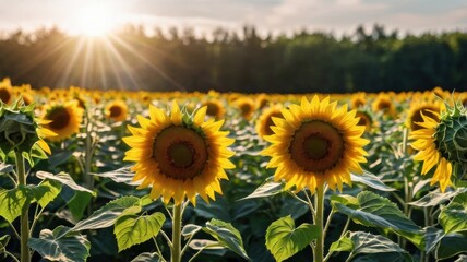 Fototapeta premium A Vibrant Field of Sunflowers in Full Bloom: A Breathtaking Display of Nature's Beauty and Resilience on a Clear Sunny Day, Perfect for Capturing the Essence of Summer