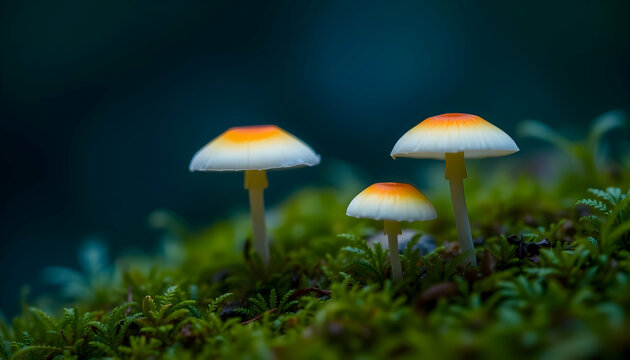 Glowing mushrooms, bioluminescent fungi, dark forest floor, moss-covered ground, ethereal light, mystical atmosphere, vibrant yellow caps, slender stems, blue-green background, macro photography, fant