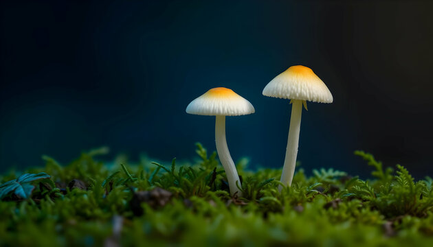 Glowing mushrooms, bioluminescent fungi, dark forest floor, moss-covered ground, ethereal light, mystical atmosphere, vibrant yellow caps, slender stems, blue-green background, macro photography, fant