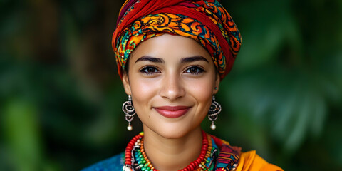 Fototapeta premium Vibrant ethnic portrait featuring a woman in traditional attire, adorned with accessories, set in a lush natural background during the day