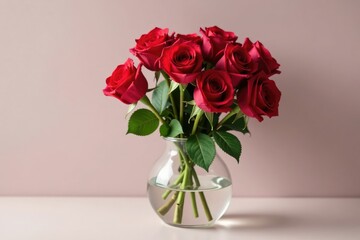 Freshly cut rose bouquet in a simple clear glass vase, rose, minimalist, arrangement