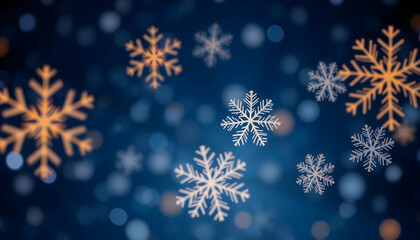 Winter wonderland, delicate snowflakes, golden and white crystals, bokeh background, deep blue night sky, magical atmosphere, sparkling ice, festive holiday scene, glowing snowflakes, ethereal winter 