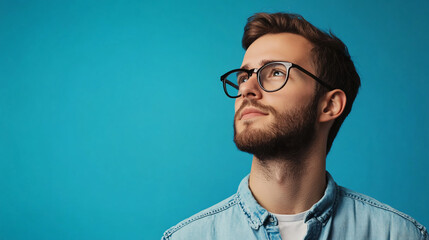 Obraz premium A striking portrait of a bearded man in glasses and a denim jacket, isolated against a vibrant blue background while lost in thought