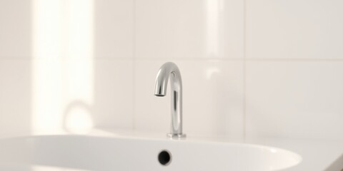 Fototapeta premium Modern chrome faucet on a pristine white sink in a bright bathroom