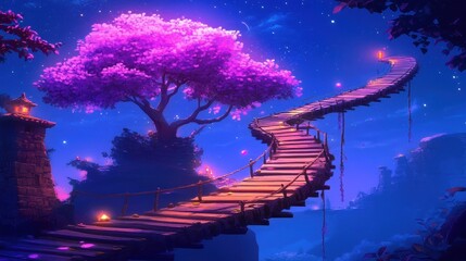 Magical Night Scene With Pink Tree And Winding Bridge
