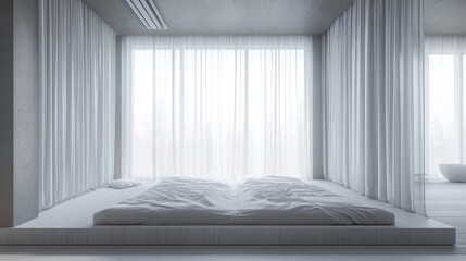Minimalist Bedroom Design With White Bed and Sheer Curtains