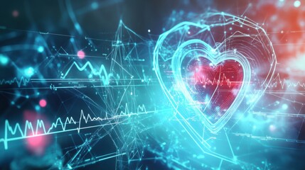 A conceptual image of a digital heart rate monitor with floating ECG lines and abstract medical symbols in the background, Futuristic style, photo of