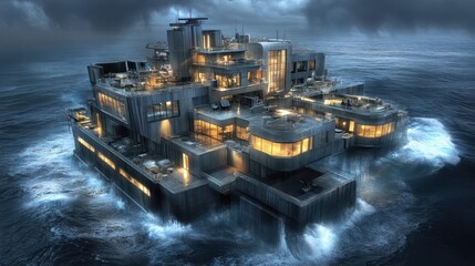 Futuristic Ocean Mansion Illuminated At Night