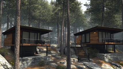 Modern Cabins Nestled Amongst Tall Pine Trees In A Misty Forest