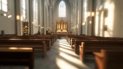 Sunlit Church Interior Rows Of Empty Pews