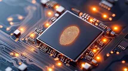 circuit board and components concept Fingerprint overlay on a microchip, symbolizing technology and security.
