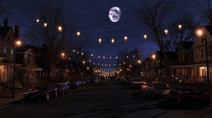 Nighttime Residential Street Scene Illuminated With Festive Lights