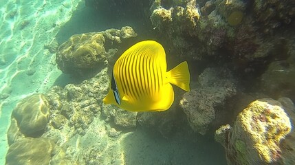 Yellow Butterflyfish Swims Near Coral Reef