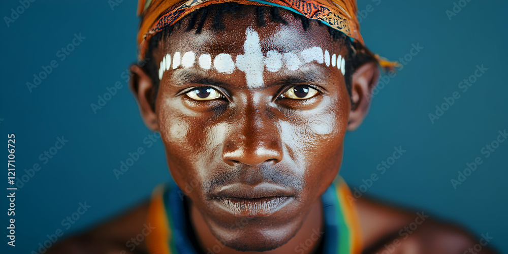 Wall mural Mature male wearing traditional attire engages in cultural expression with face paint in a vibrant setting