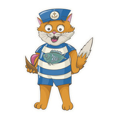 Sailor Cat in a striped suit with a fish on the front carrying a toy boat
