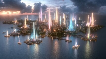 Futuristic Island Cityscape Illuminated At Twilight