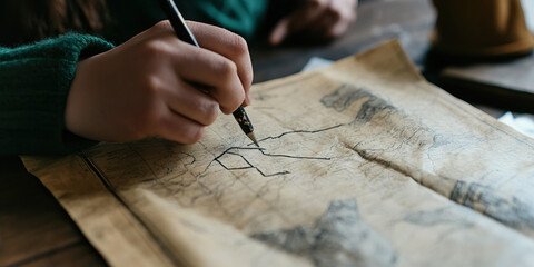 Hand Tracing Route on Antique Map