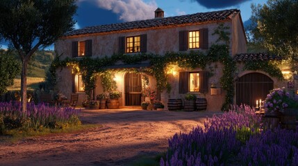 Rustic Farmhouse at Twilight Surrounded by Lavender