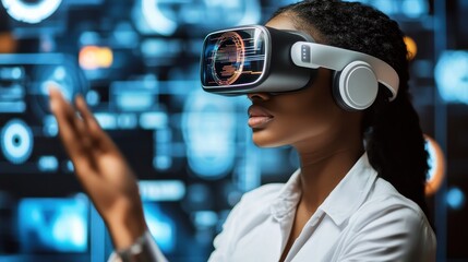 Woman Experiencing Immersive Virtual Reality Technology