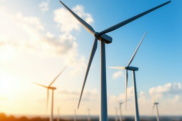 Fototapeta premium Wind turbines harnessing renewable energy under a bright sky during sunset, symbolizing sustainable power and eco-friendly technology