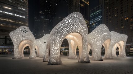 Illuminated Architectural Sculptures Adorn City Plaza At Night