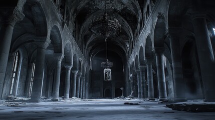 Ruined Cathedral Interior Snow Covered Columns