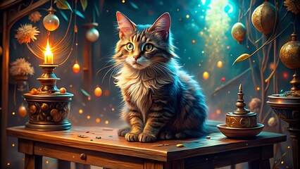 Surreal Cute Cat Posing on Table: Whimsical Generative AI Art