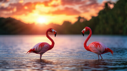 Two flamingos standing in water during sunset. Wildlife and romance content