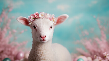 Obraz premium Lamb with flower crown on turquoise background. Spring and easter content