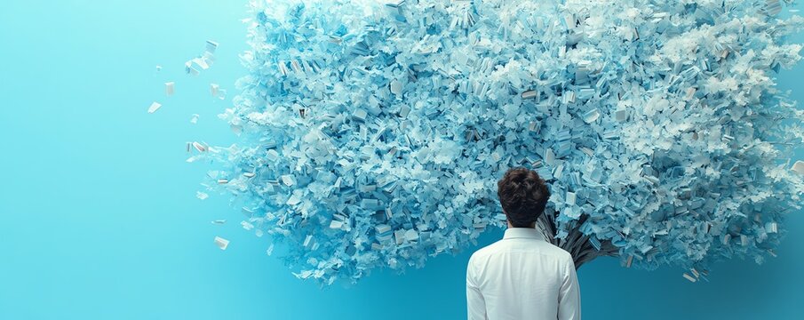 Man admiring a tree formed by books on light blue background, symbolizing growth, knowledge, and intellectual expansion