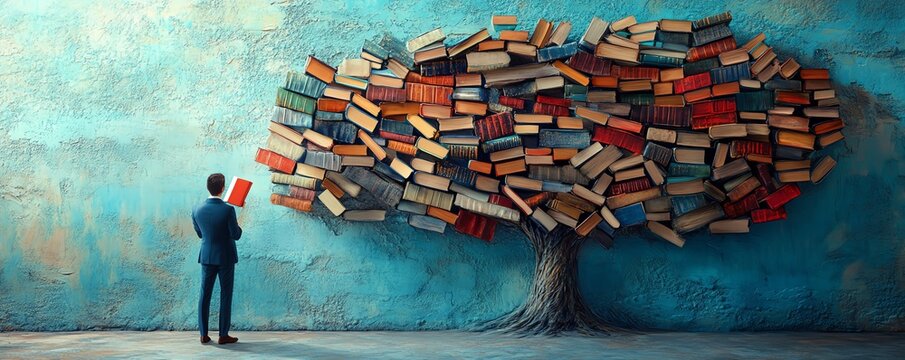 Man admiring a tree formed by books on light blue background, symbolizing growth, knowledge, and intellectual expansion