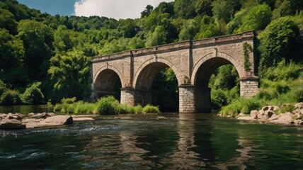 Fototapeta premium A Serene Afternoon by the Whispering River: Capturing the Majestic Arch Bridge Nestled Amongst Lush Greenery and Tranquil