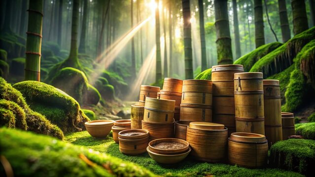 Surreal Dreamlike Indonesian Bamboo Besek Containers on Mossy Ground