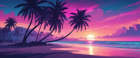 Obraz premium A palm tree silhouette casts long shadows on a shimmering beach, under a vibrant and surreal sunset sky