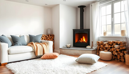 Fototapeta premium cozy living room, modern farmhouse style, white brick wall, wood burning stove, large windows, natural light, white sofa, blue throw pillows, orange pumpkins, fluffy area rug, wood pile, floor cushion
