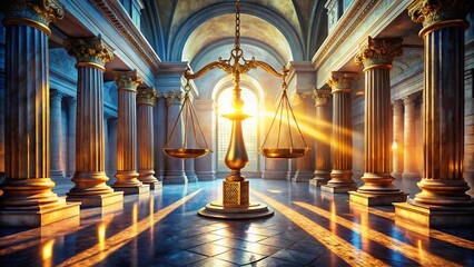 Surreal Golden Scales of Justice in Grand Courthouse Hall