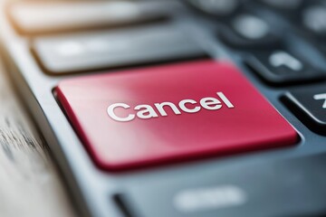 Close-up detail of a red cancel key on a black keyboard revealing faded colors and design elements