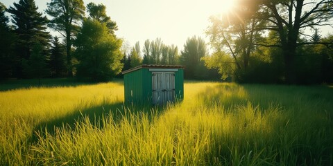 Serene green shed in a sunlit meadow, surrounded by tall grass and tranquil trees