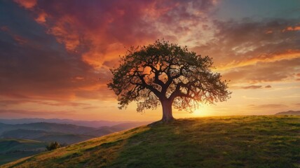 Fototapeta premium A Majestic Solitary Tree Silhouetted Against a Vibrant Sunset Sky, Creating a Serene and Peaceful Landscape That Invokes a Sense of Calm
