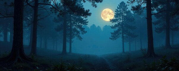 Fototapeta premium Dark forest with misty atmosphere and glowing moonlight filtering through trees, trees, glow