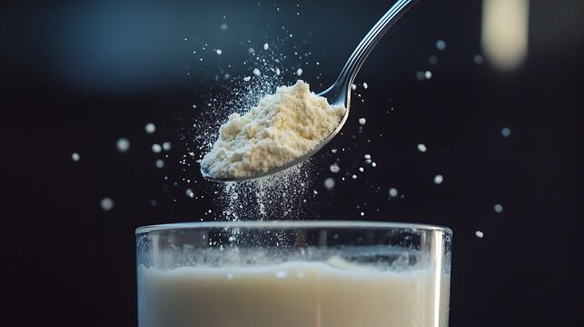 A spoonful of fine powdered milk being poured into a glass of warm water, creating a smooth mixture