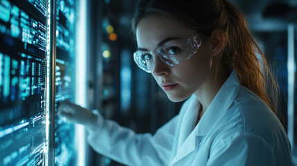 Female Scientist Interacting with Advanced Digital Interface